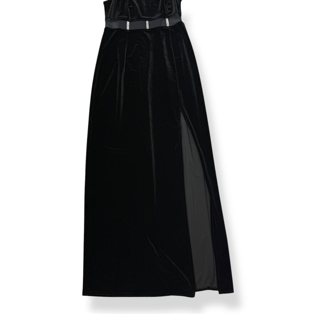 90's sexy black velvet long fitted dress with high slit and mesh crystal trim - Picture 15 of 16